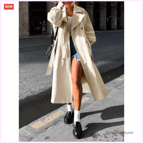 Long Trench Coat Oversized Double Breasted Lapel Overcoat Outerwear with Belt - Picture 3 of 7